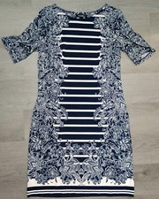 Roz & Ali Blue White Stripe Dress Stretch Office Casual  Knee Length Size Small