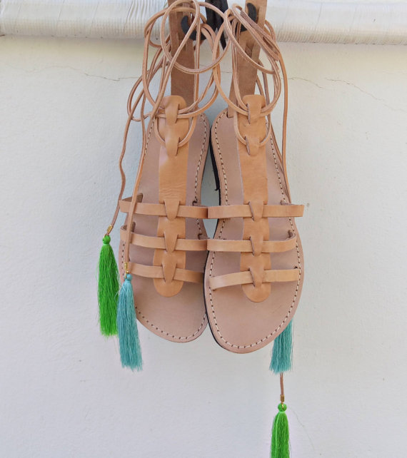 Leder Sandales Gladiator Lace Up Bohemian Greek Unique Tassels Bridal Braun Leder Sandales Gladiator Lace Up Bohemian Greek Unique Tassels Bridal Braun