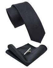 2.4" Solid Color Skinny Tie and Pocket Square with Tie Clip Sets for Men Black