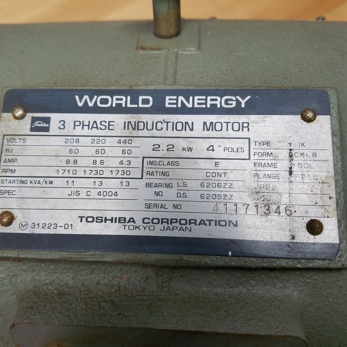Toshiba Type IK Induction Motor, 3 Phase, 2.2 KW, 208/440V Toshiba Type IK Induction Motor, 3 Phase, 2.2 KW, 208/440V