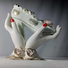 1950’s Hands Holding High Heel Shoe Vase Pink Roses Gold Trim Red Nails Vintage