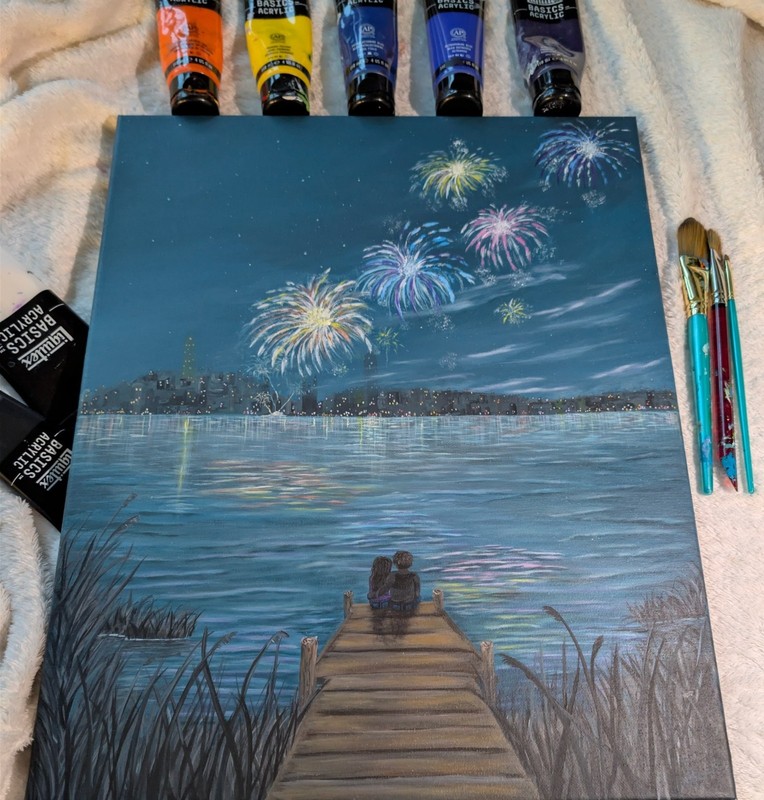 Original Fireworks Painting 16x20 Acrylic on Canvas – Romantic Lake Night Art