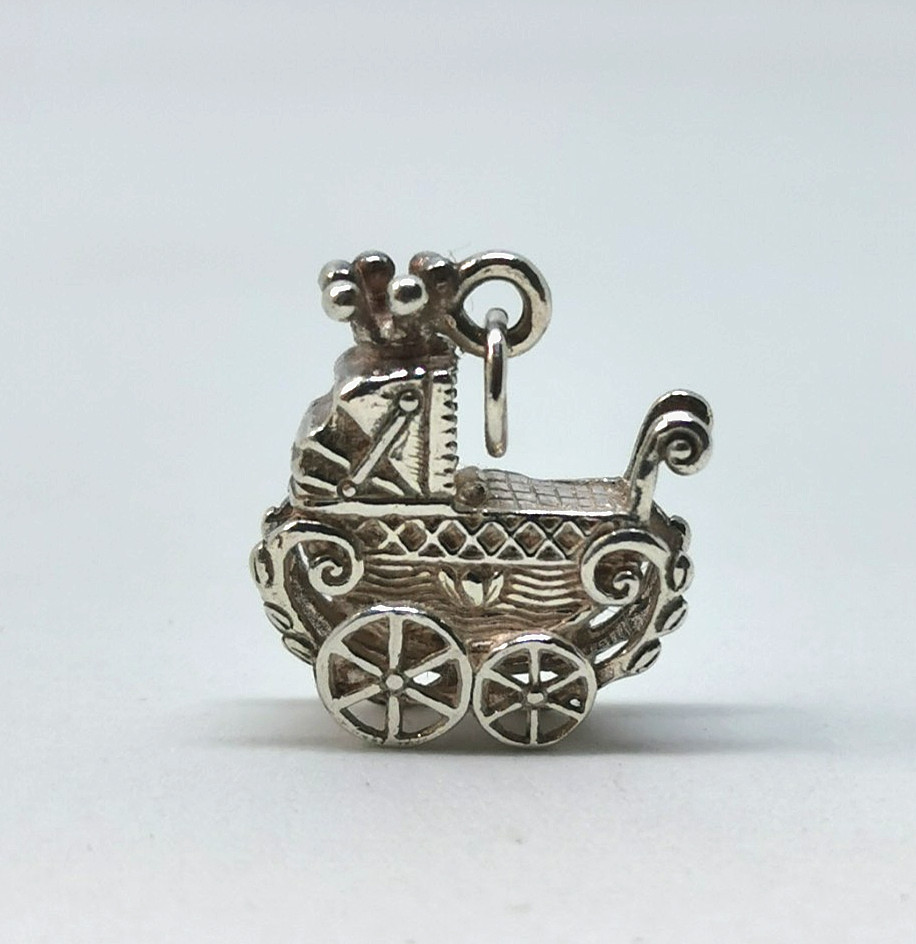 VINTAGE, SILVER CHARM / PENDANT, ROYAL BABY IN A PRAM, BY CRESCENT SILVER