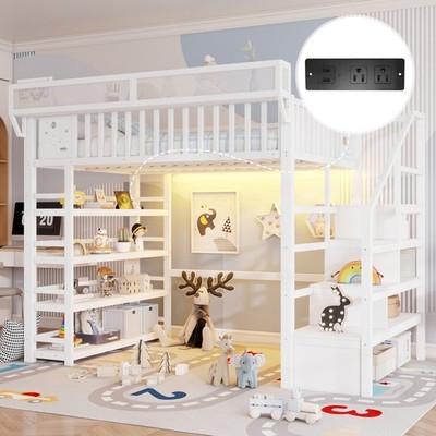 Full Loft Bed with 4 Shelf Storage Rack, Charging Station & Stairs
