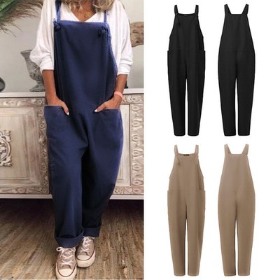 Basic Frauen Ärmellos Träger Overall Latzhose Wide Bein Playsuit Jumpsuit Baggy