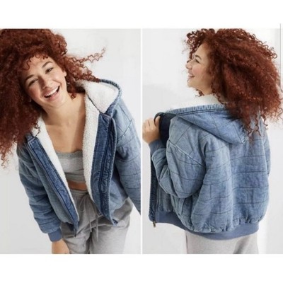 Aerie Quilted Denim Sherpa Lined Bomber Jacket Women Blue Excellent Hooded Zip