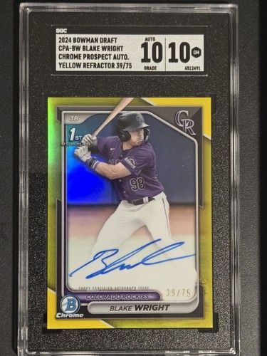 2024 Bowman's Draft Blake Wright Auto True Yellow Refractor/75 SGC 10 Auto 10 - Afbeelding 1 van 3