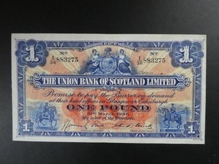 EARLY DATE 1936 UNION BANK OF SCOTLAND £1 BANKNOTE ORIGINAL VF