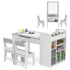 Kids Art Craft Table and Chairs Set with Paper Roll Flip-up Tabletop