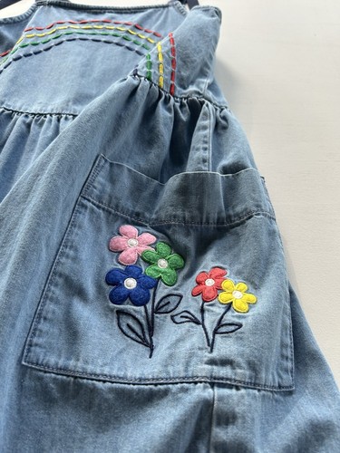 Hanna Andersson Denim Dress Girls 8 Rainbow Floral Ribbon Sundress Embroidered - Picture 7 of 12