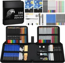 106-Piece Art Supplies Sketching Kit with 3-Color Sketch Book Coloring Book D...