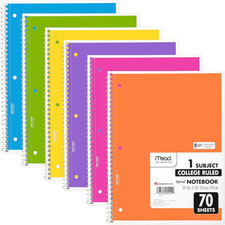 Spiral Notebook, 6 Pack, 1 Subject, College Ruled Paper, 7-1/2" X 10-1/2", 70 Sh