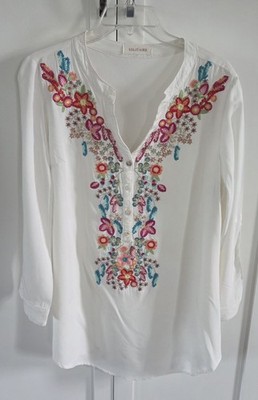Anthropologie Solitaire Flowy Embroidered Floral V Neck Blouse White Size L Boho