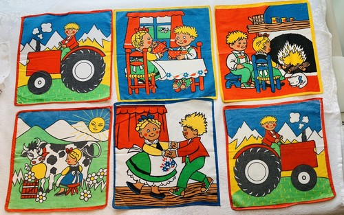 Lot of  6 Adorable Vintage Novelty Swiss Farm Couple Hankie Handkerchiefs