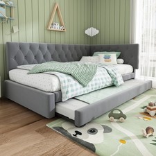 Daybed 3ft Single Upholstered Sofa Bed with Trundle Bed 90x190cm Guest Bed Grey