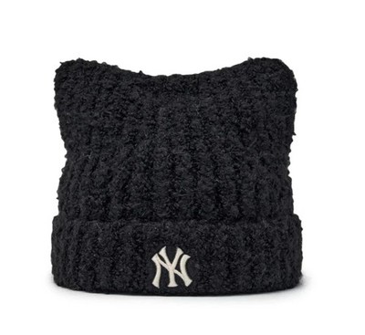 MLB Korea NY Yankees Meow Cat Plush Beanie Hat Black Unisex One Size