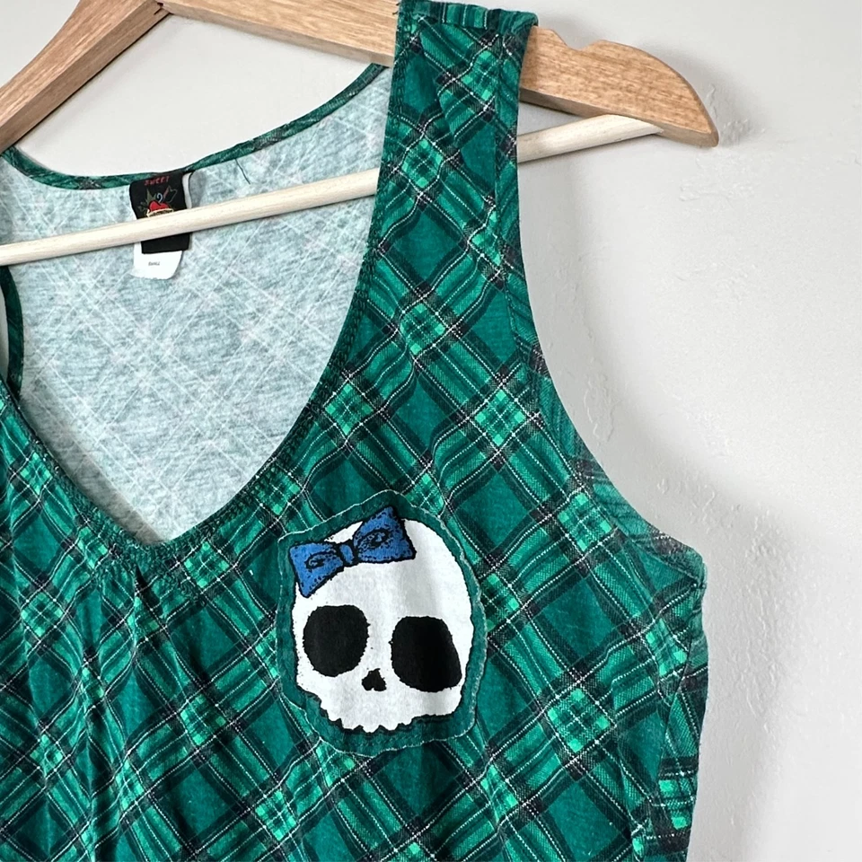 Camiseta sin mangas Hot Topic Sweet Love para mujer S verde a cuadros parche calavera punk gótico emo vintage Foto 3 de 4