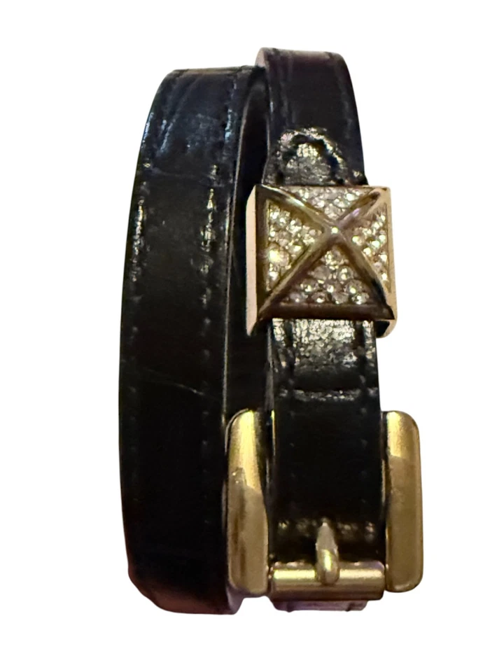 Michael Kors Women's Black Leather Double Wrap Belt Bracelet Gold Pyramid Collar - Image 3 of 4