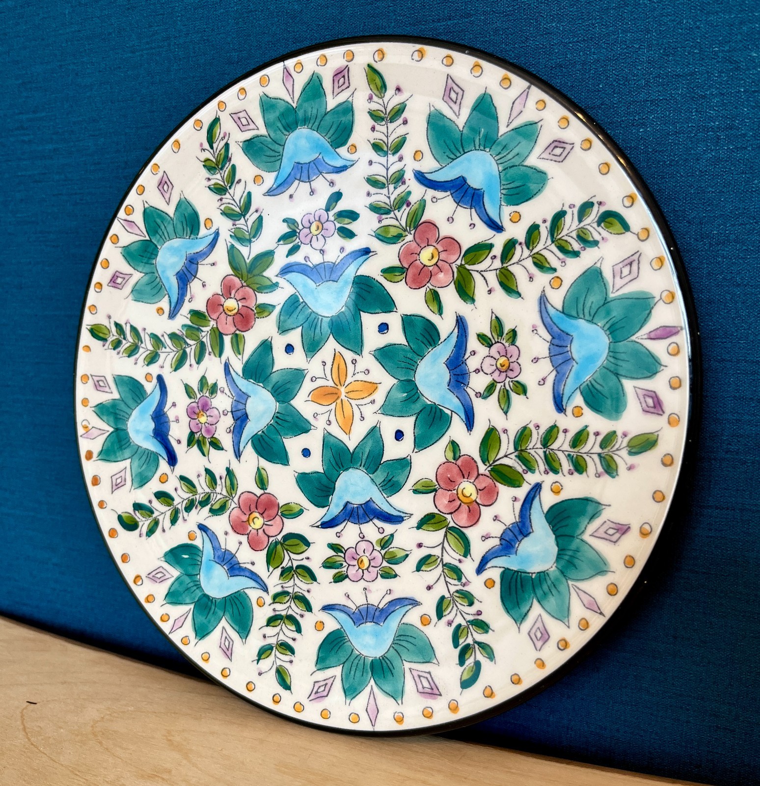 Pair Vintage Hand Painted Spanish Ceramica Casmi Wall Plates Floral Pottery 23cm image 5