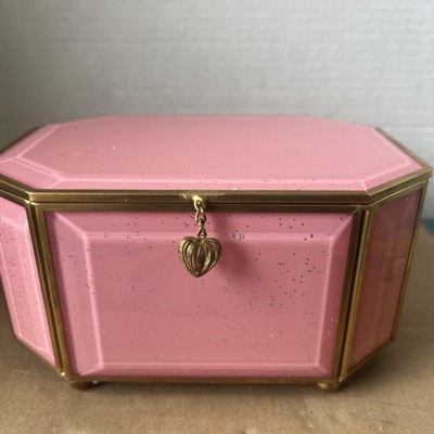 Vintage Art Deck Pink Glass W/Brass Frame Mirrored Glitter Vanity Box RARE