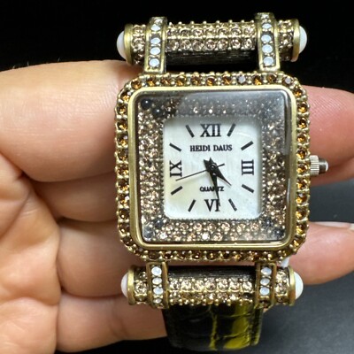 Heidi Daus ''Timeless Beauty'' Pave' Bezel Black Leather Strap Watch Bling Read!