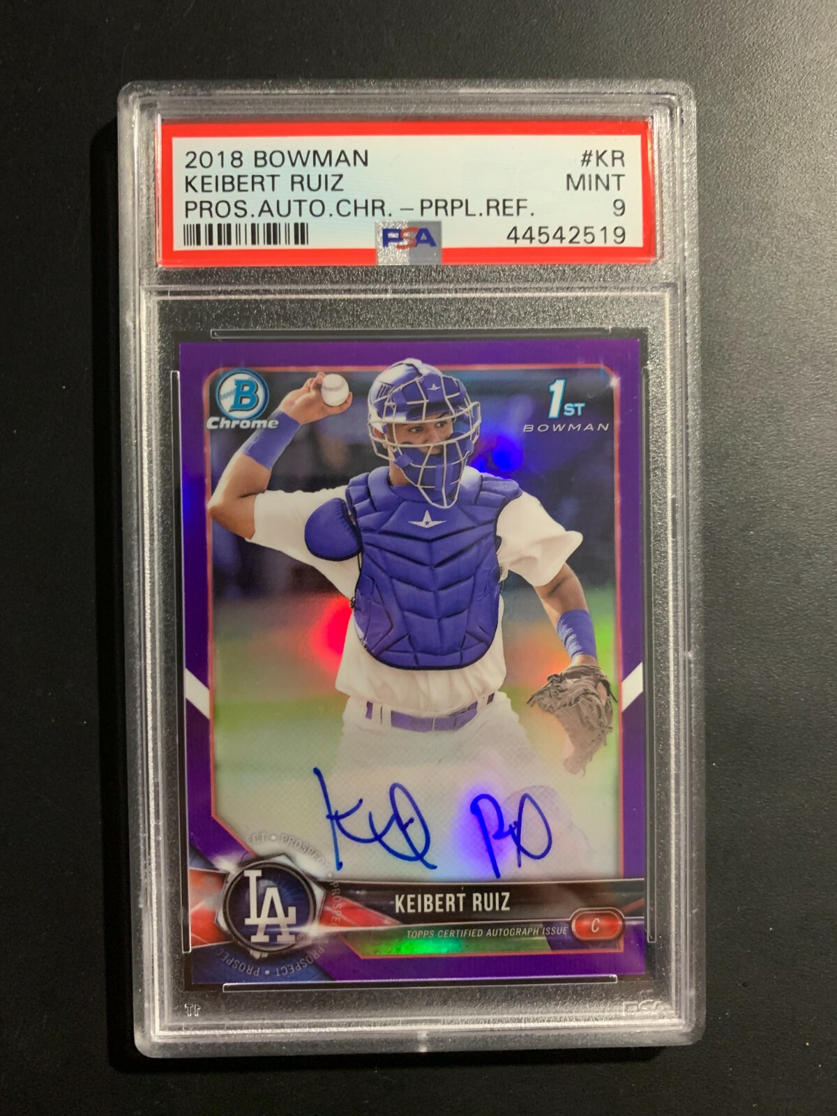 KEIBERT RUIZ 2018 BOWMAN CHROME PURPLE REFRACTOR 1ST AUTO RC #1/250 PSA 9 MINT