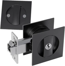 Pocket Door Lock with Key, Square Sliding Barn Door Lock Latch Recessed Black