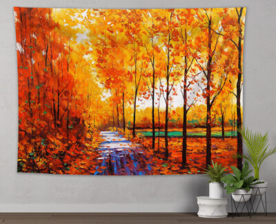 Watercolor Golden Autumn Forest River Tapestry Wall Hanging Living Room  Bedroom
