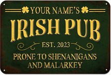 St. Patrick's Day Decor Custom Irish Pub 12x16" Metal Tin Sign Wall Plaque, Vint