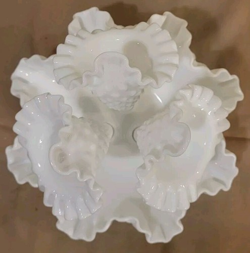 VTG • Fenton • Hobnail Milk Glass • Epergne • 3 Trumpet Centerpiece Vase • Exc! - Picture 2 of 9