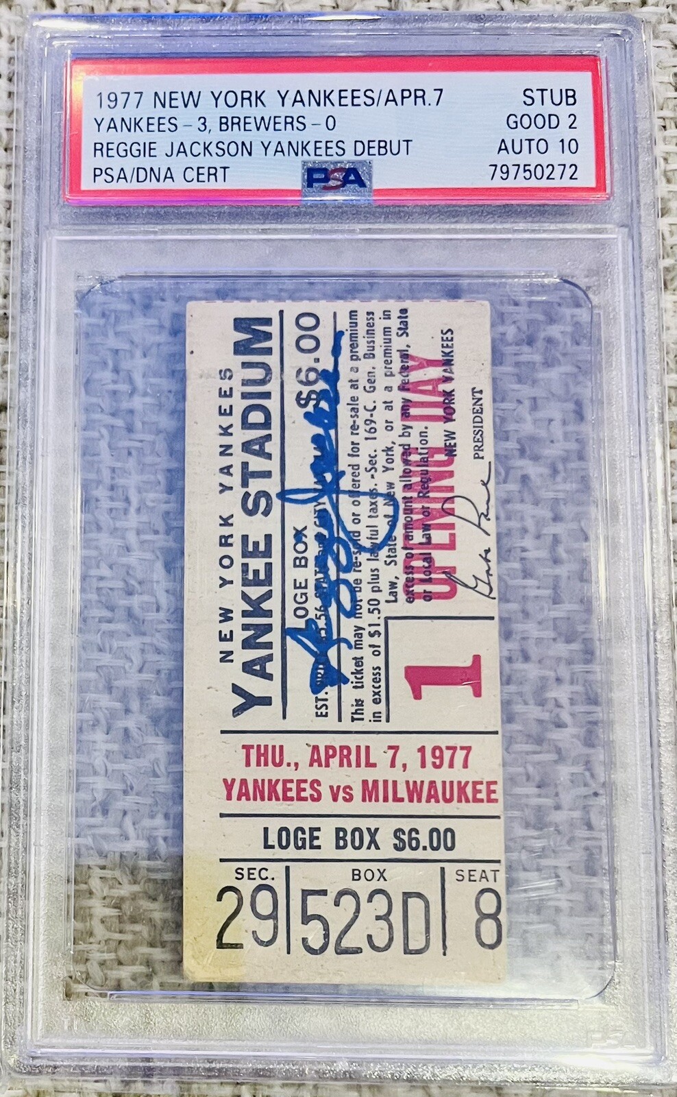 REGGIE JACKSON 1977 YANKEE DEBUT AUTOGRAPHED TICKET PSA/DNA GEM MINT 10 RARE