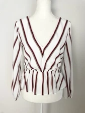Windsor Womens Blouse Size S White Red Striped V Neck Peplum Hem Long Sleeves