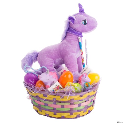 Girl Plush Unicorn Toy & Treat Filled 27pc 10" Bamboo Easter Basket Gift Set - Picture 8 of 11