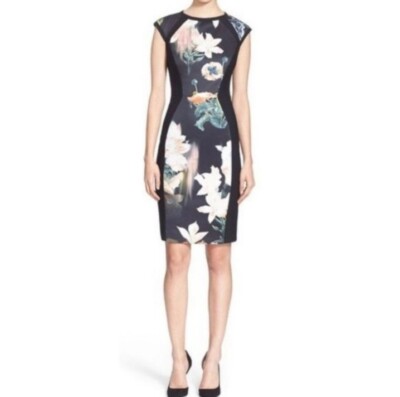 ted baker floral bodycon dress Ted Baker Floral Print V-Neck Bodycon Knee Length Dress
