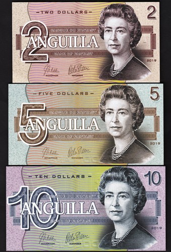 ANGUILLA ISLAND 5 PCS UNC SET 2 5 10 20 50 DOLLARS 2019 HYBRID POLYMER QUE II - Picture 6 of 9