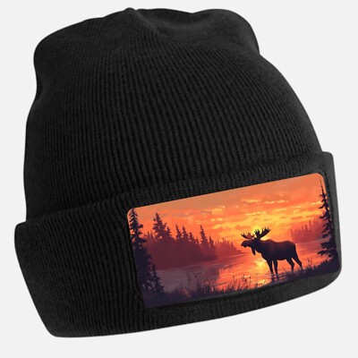 Black Beanie Hat with Cool Moose Motif - Unisex Cap, Cotton