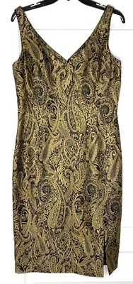 OSCAR de la Renta Black Gold Metallic Jacquard Brocade V-Neck Cocktail Dress 10
