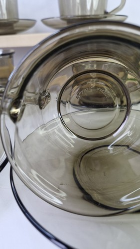 Vintage Arcoroc France Smoked Glass Cups and Saucer Set x6 MCM Retro Tea Coffee - Picture 4 of 14