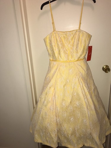 MONIQUE LHUILLIER Spaghetti Strap Dress YELLOW LACE OVERLAY Size 8 NEW Tags - 第 1/12 張圖片