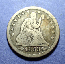 1853 Arrows & Rays Liberty Seated Quarter  VG+