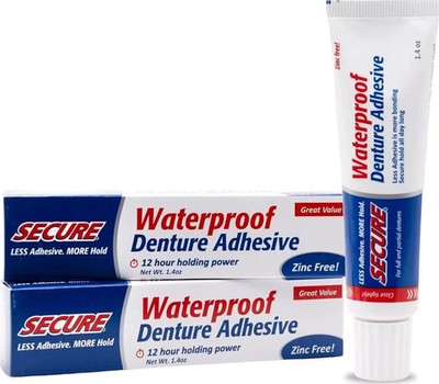 Secure Waterproof Denture Adhesive - Zinc Free - Extra Strong 12 Hour Hold - 1.4