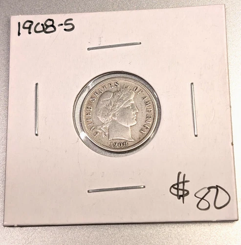 1908-S Barber Silver Dime - tougher date with some luster - About Uncirculated