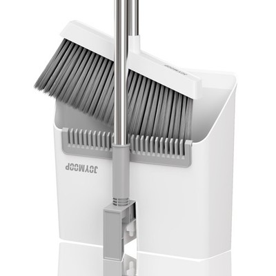 White Broom and Dustpan Set, Upright Angle Design with Built-in Comb Teeth fo...