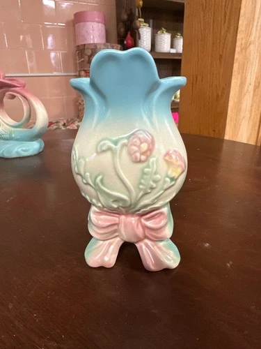 vintage Hull pottery bow knot vase in blue and teal