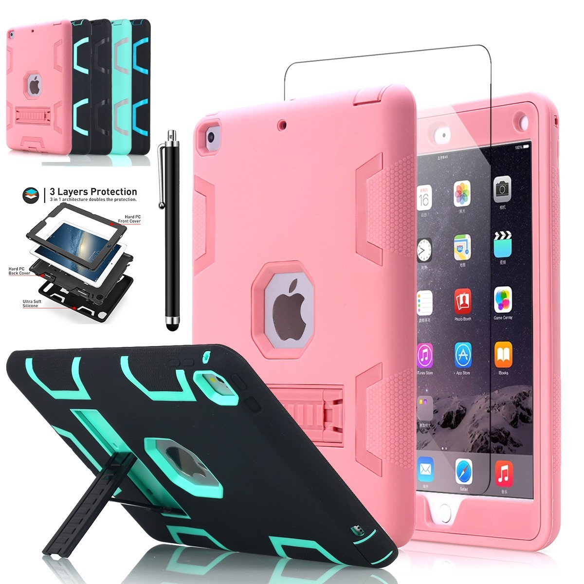 For iPad Mini 3/4/iPad Air 2/1 Case Shockproof Heavy Duty Rubber