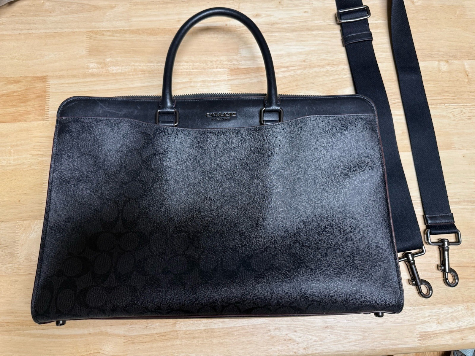 Coach Beckett Structured Brief Case In Signature Canvas Leather Black & Burgundy