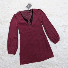 NWT Dance & Marvel Wine Red Satin Striped Plunge Neck Balloon Sleeve  Dress Goth