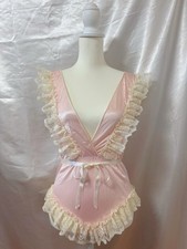 Vintage 1970s Lady Cameo Pink Nylon Lace Ruffle Teddy Bodysuit Lingerie USA S