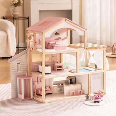 Robud Kids Wooden Dolls House w/ Furniture 3 Storey Dollhouse Playset for Ages3+