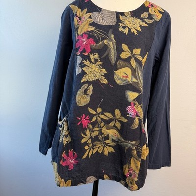 Zanzea Collection Womens Cotton Floral Tunic Top Navy Blue Long Sleeve Boho